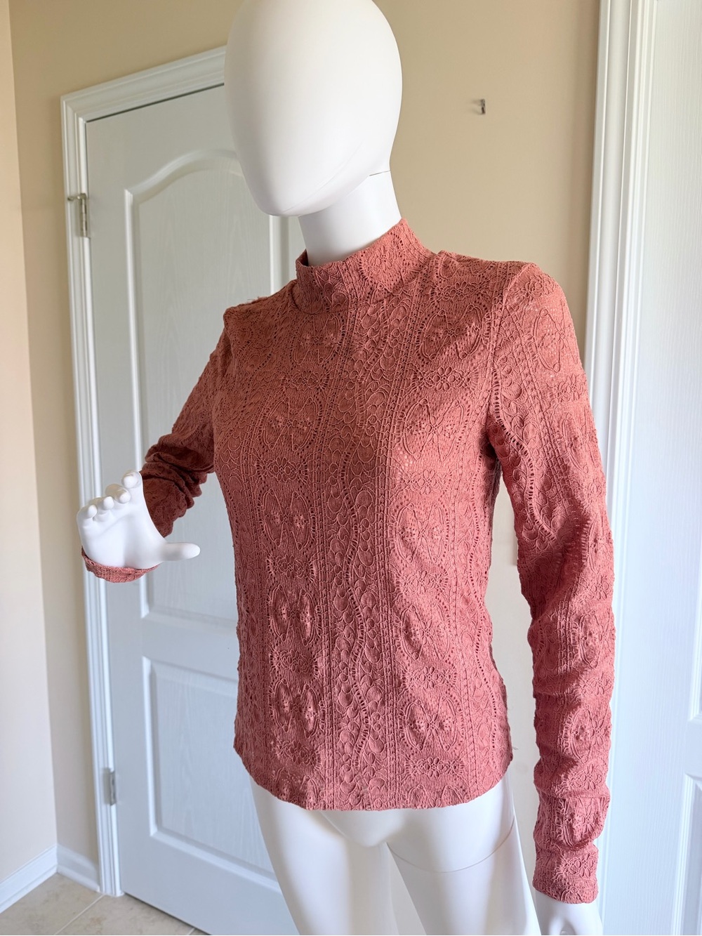 Anthropologie Dusty Rose Lace Mock Neck Top - Picture 2 of 7